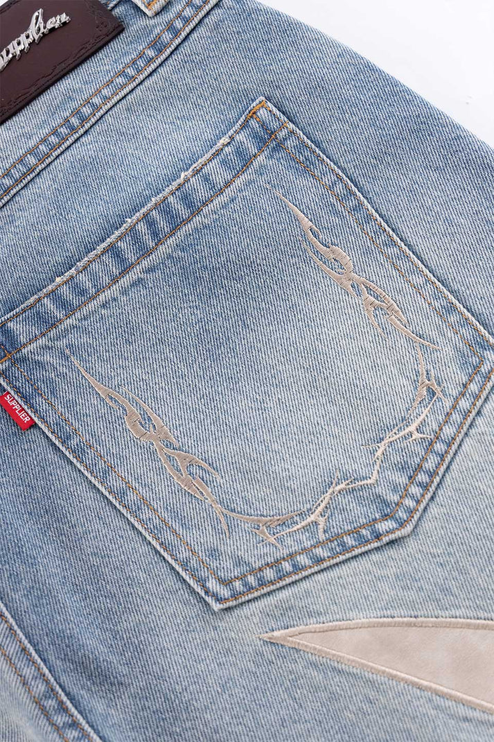 Tribal Leather Patch Baggy Denim - Blue – POLEMO